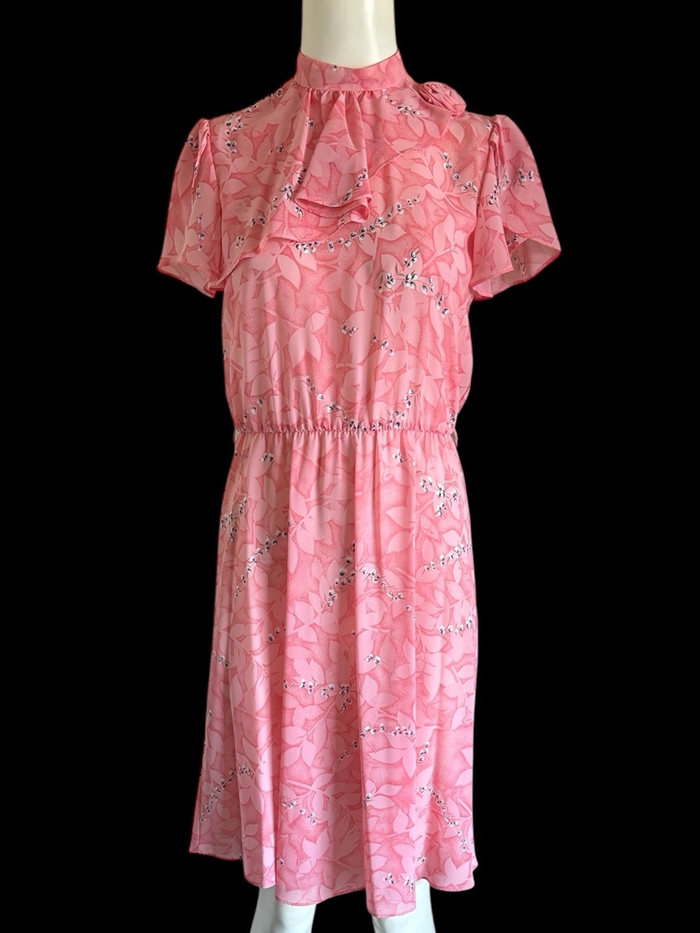 Vintage 70’s Pink Floral High Neck Ruffle Flutter Sleeve Secretary Dress Sz S